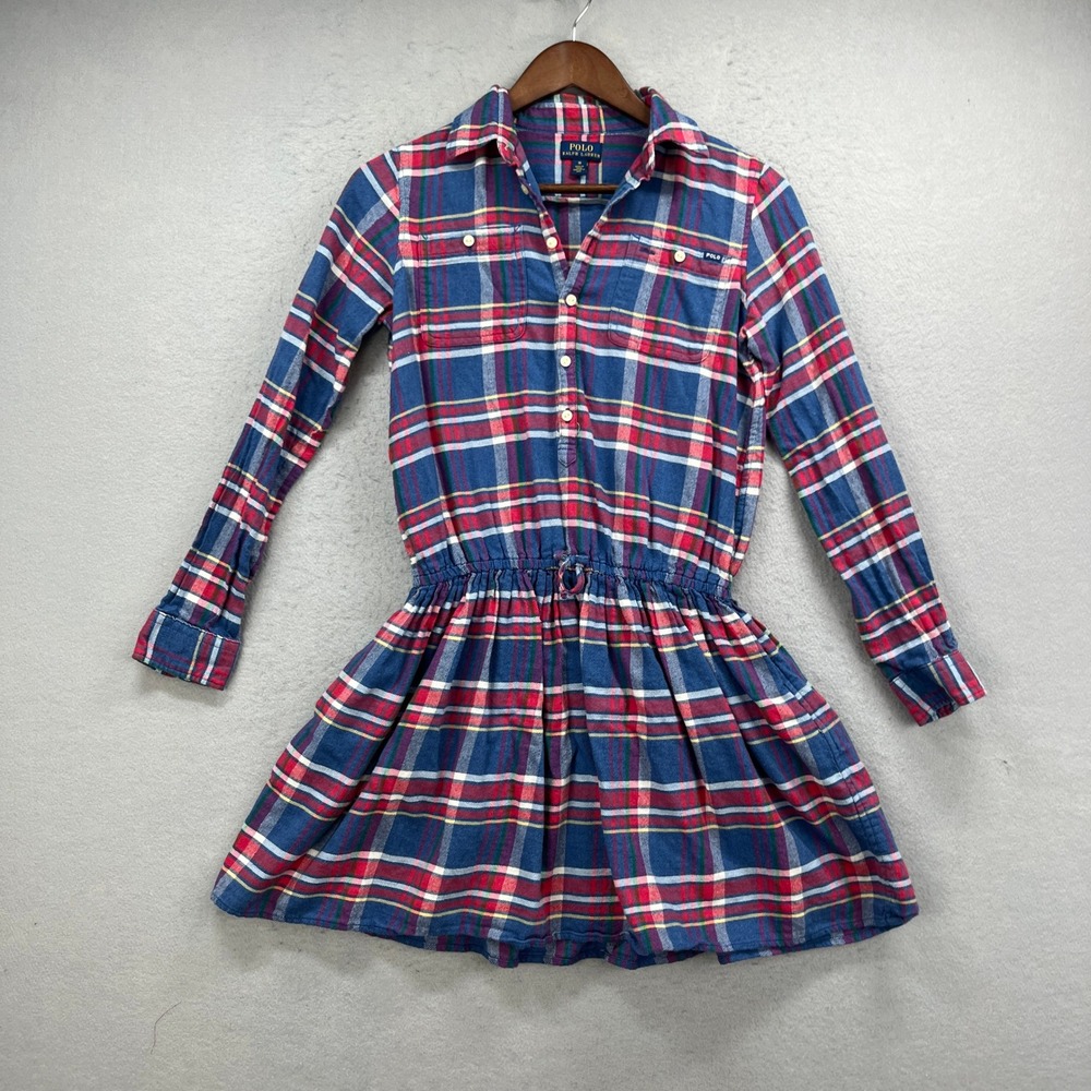 Polo Ralph Lauren Shirt Dress Girls 16 Blue Plaid Flannel Long Sleeve Preppy